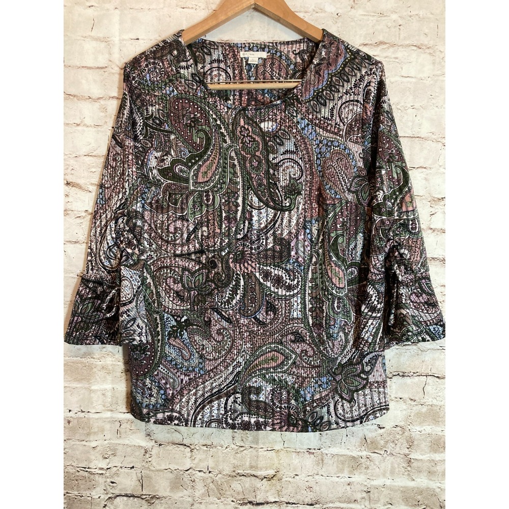 Cato Top Womens Large Pastel Paisley‎ Pleated Bell Sleeve Boho Hippie Stretch